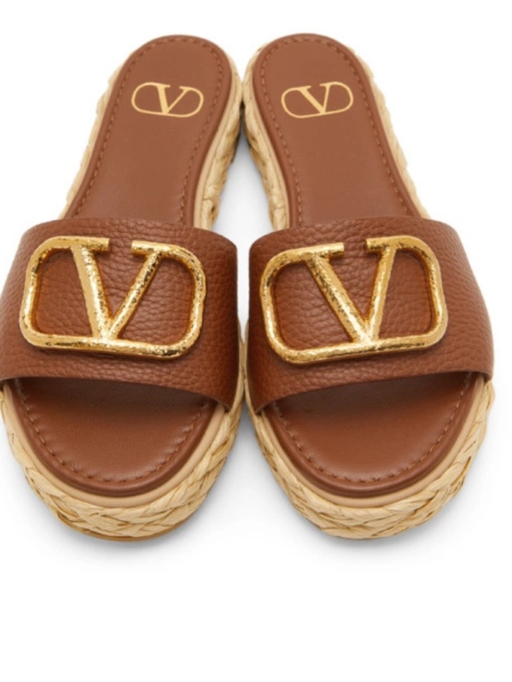 Valentino Garavani Brown Leather V-Logo Espadrille Slide Sandals